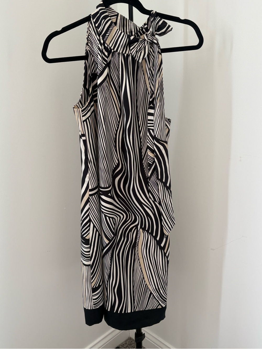White House Black Market Black & Cream Striped Bow-Neck Dress